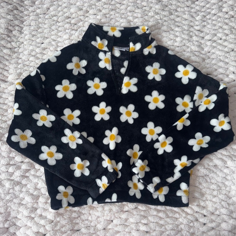 Mighty‎ Fine Black Daisy Floral Fleece Quarter Zip Pullover Cropped Mock Neck